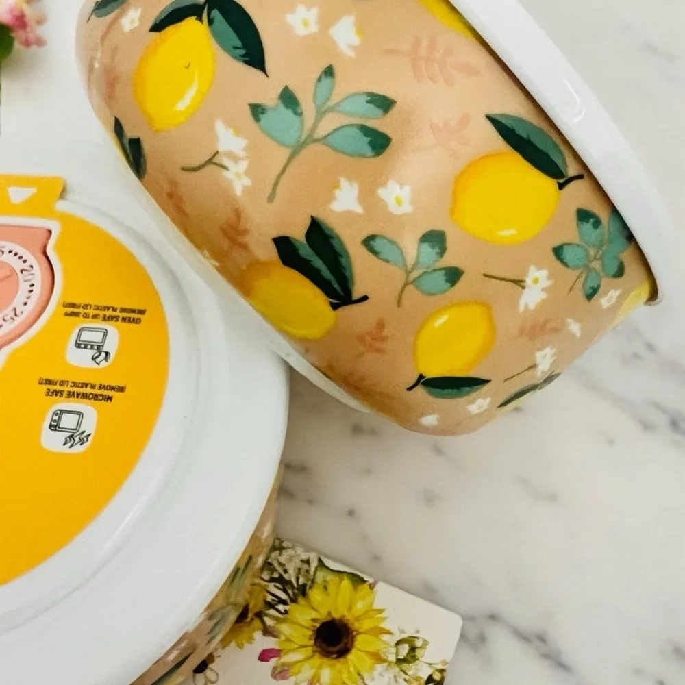 Set of TWO Ceramic Lemon Covered Soup Storage Bowls Farmhouse Cottagecore